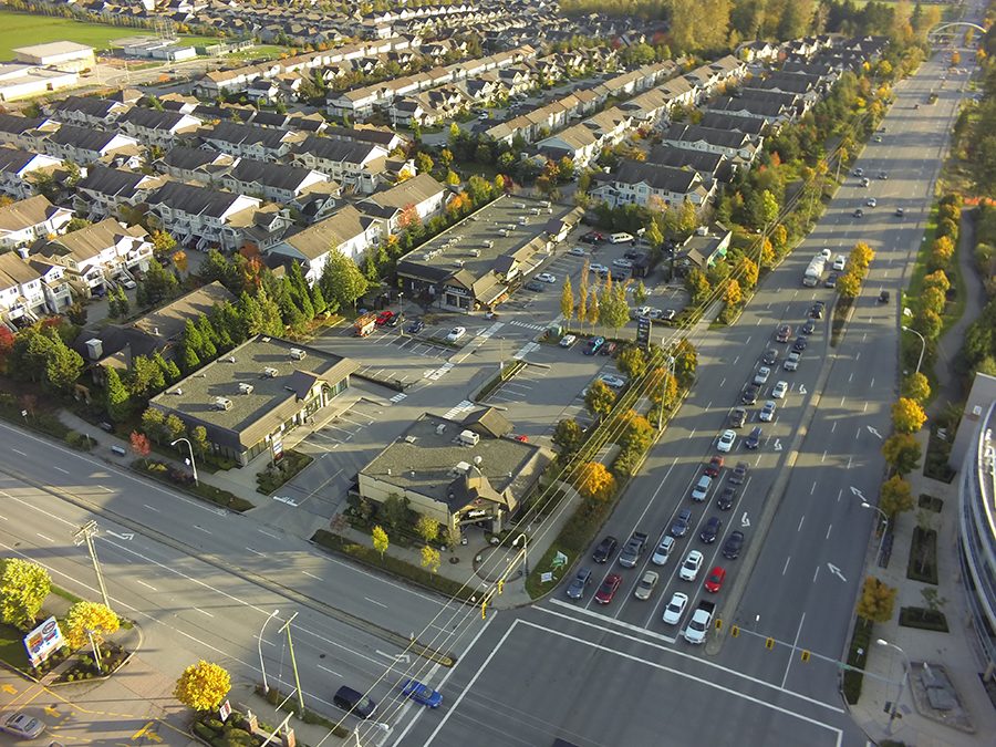 Aerial view of Jericho Corner Retail Plaza and the surrounding streets in Langley