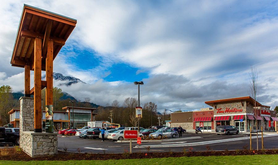 Tim Hortons and CIBC development in Squamish, with the mountains behind