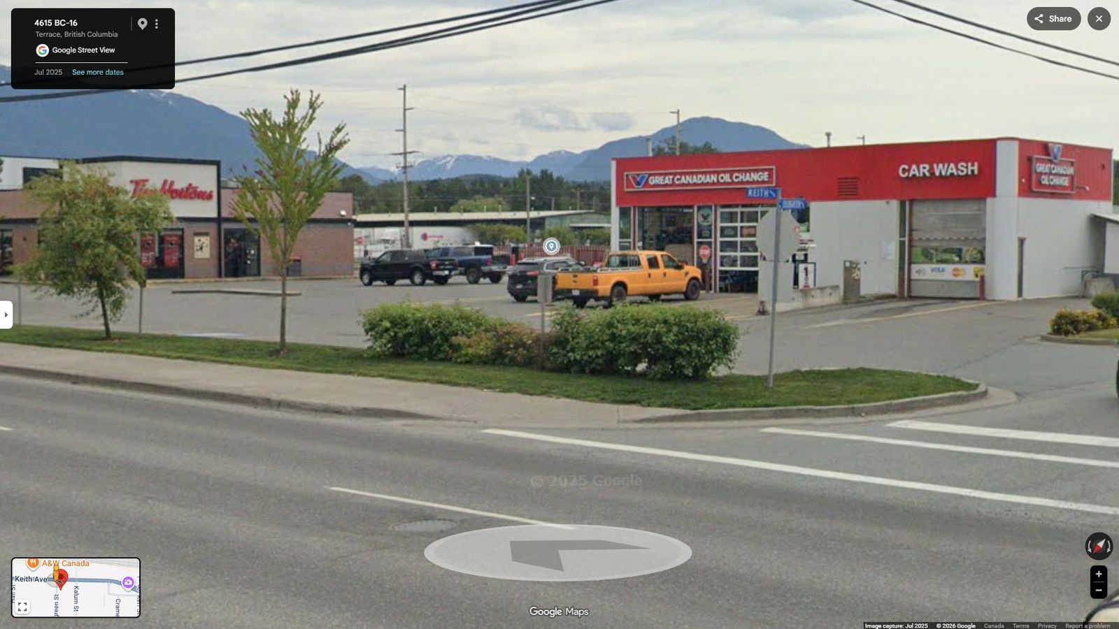Street view of the Tim Hortons drive-through and oil change in Terrace